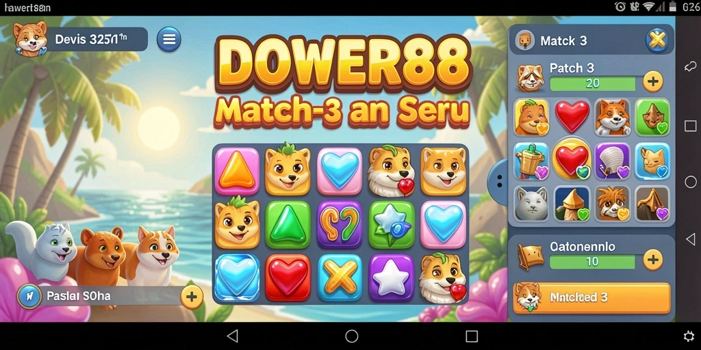 Tampilan gameplay DOWER88 yang menarik dan penuh warna di dunia Match-3.
