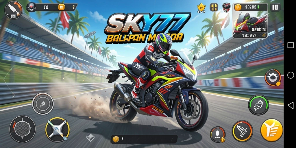 Screenshot utama SKY77 menampilkan akselerasi cepat motor yang sedang balapan.