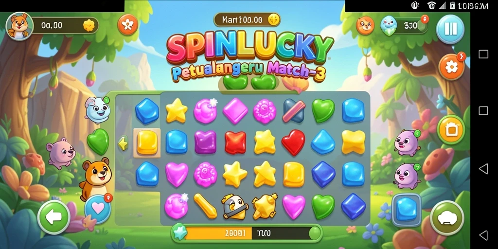 Tangkapan layar gameplay SPINLUCKY saat mencocokkan permata di level yang menantang.
